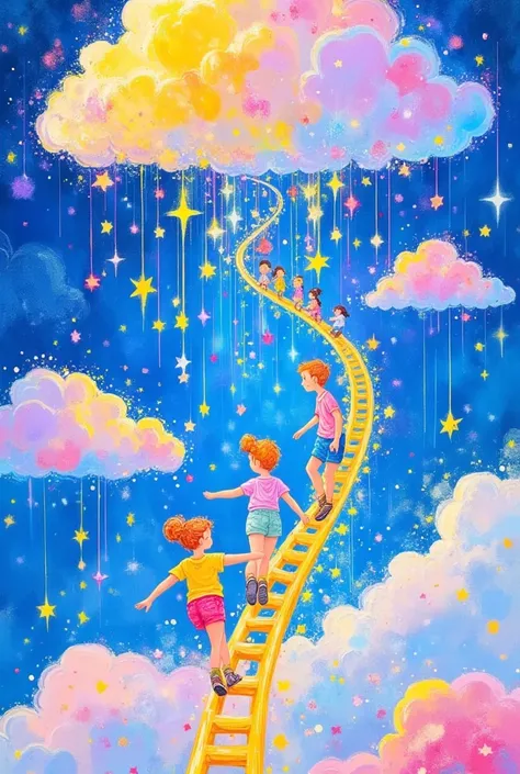 A group of children climbing ladders made of shimmering light, stretching from the ground up to the clouds. they leap onto fluffy clouds, bouncing playfully between them