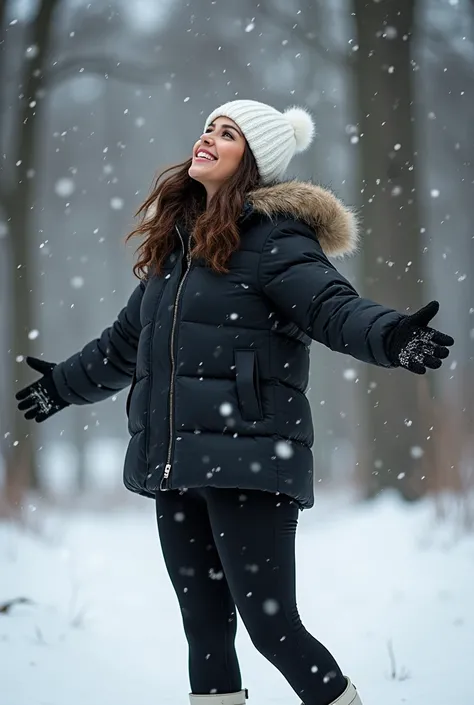 Winter nature, snowing, hot looking curvy tonned woman profile side view, medium lenght wavy brown hair,white hat on the head, short black colour puff jacket, black leggings, white snow boots, black gloves on the hands, women is looking up and smiling, arm...