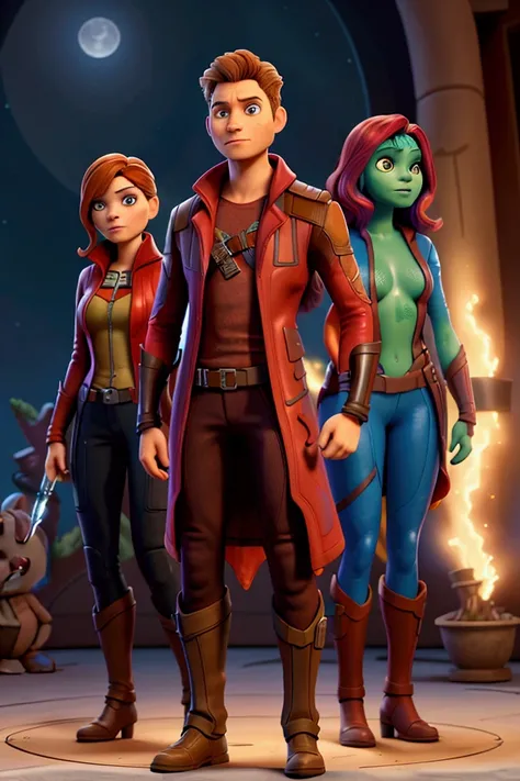  Guardians of the Galaxy  (Peter Quill , Gamora, Rocket, Groot and Drax )

Prompt:
" A group of Disney Pixar-style heroes , os  Guardians of the Galaxy . Peter Quill ,  with their red jacket and metal mask , is leading .  Gamora holds a sword ,  with an el...