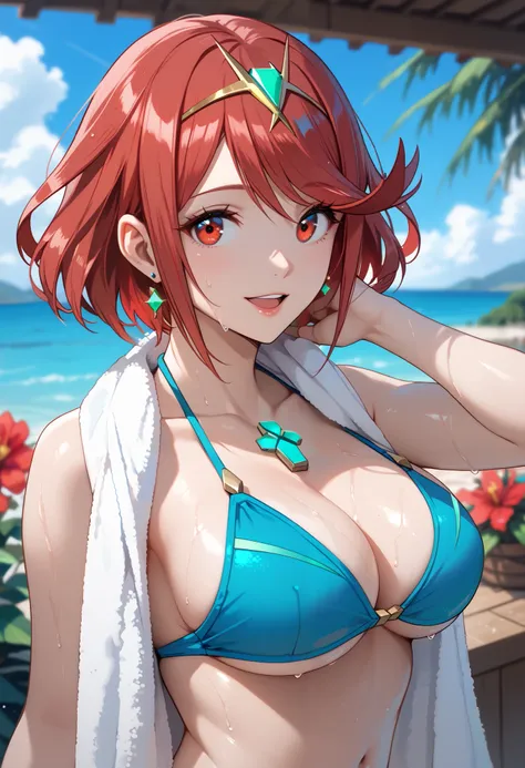 pyra (xenoblade), 1girl, red hair, short hair, swept bangs, bob cut, red eyes, tiara, earrings, chest jewel, (wearing blue bikini:1.3), blurry, breasts, flower, fruit, large breasts, looking back, navel, open mouth, open towel, sky, smile, steam, sweat, ta...