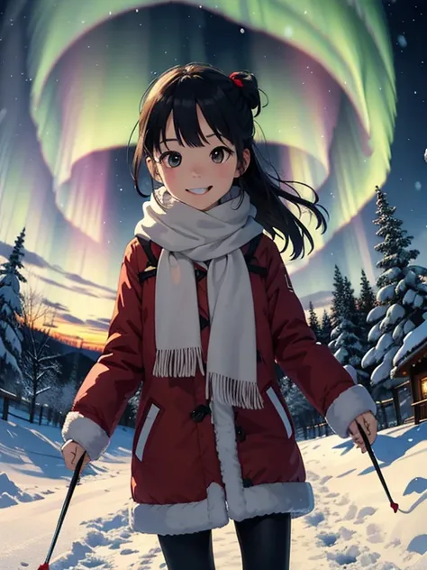   Masterpiece，  top quality，  high image quality，(  super flat ，  Flat Shading )，  fisheye lens:1.4，Beautiful petite trained young mother and 、Her Cute Trained Daughter :1.25，  warm scarf ， Christmas Anime Style Costume ，(naked)，   long hair， Ski，smile, sm...