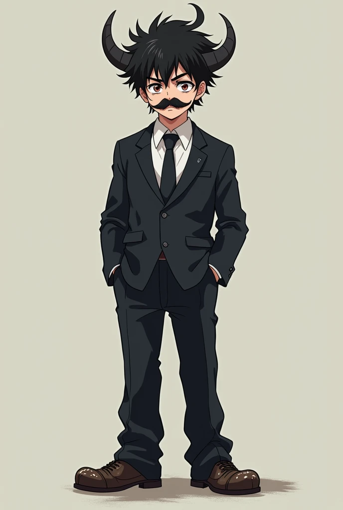 anime young guy wearing mask hairy mustache face moody horned wearing suit pants itam shoes itam 