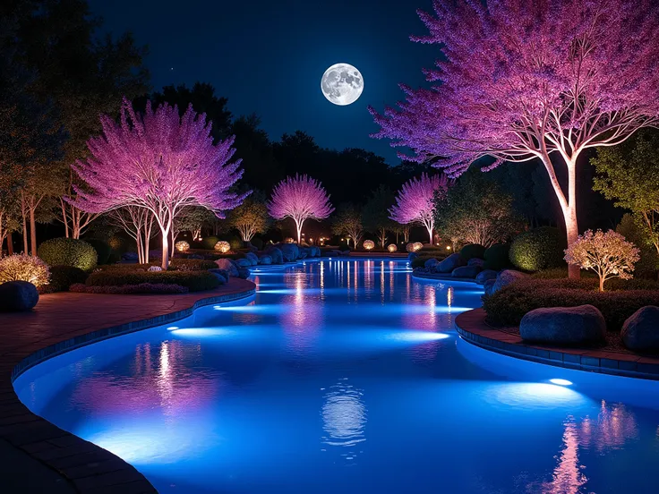 (( top quality)), ((masterpiece)), ( Details),There is not anyone,The illuminations are beautiful　night　moon　garden　 lots of lights 　Pool　 lots of lights {x} illuminations are reflected on the surface of the water　 lots of illuminations 　Landing at the bot...