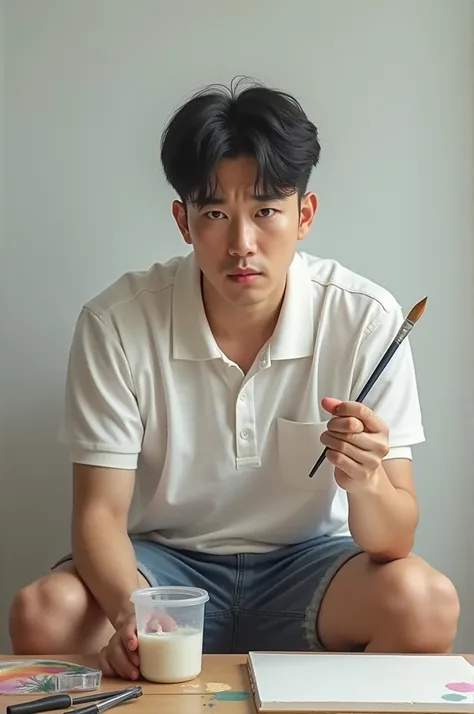 A Korean 28 years old guy,  wearing a white polo shirt and jeans short, sitting at the front of a canvas board holding a painting Brush, with liquid paint plastic on the table close to him. He is looking worried, sad, and depressed.