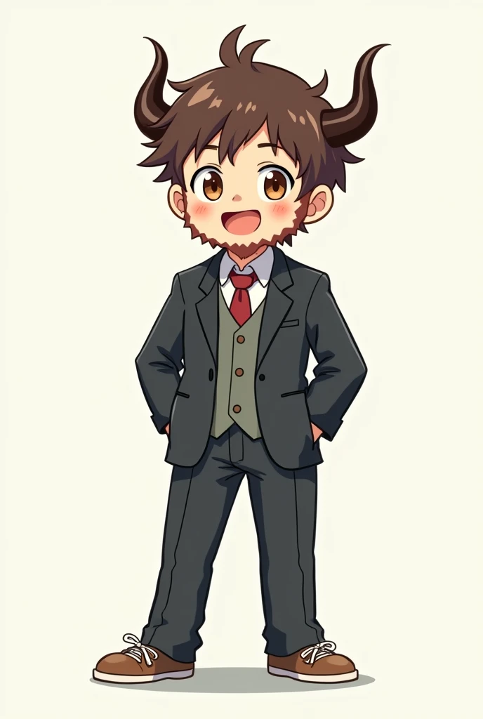 anime young guy hairy face happy horned wearing suit pants itam shoes itam 