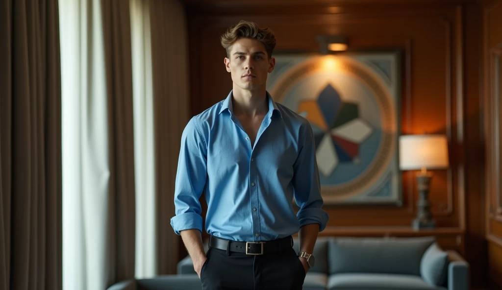 28 year young handsome man standing in hotel interior, fear face, wearing blue shirt and black pant, detailed face, luxury hotel, detailed eyes, cinematic scene, cinematic lighting, ultra realistic, hyper realistic, highly detailed image, Full HD image.