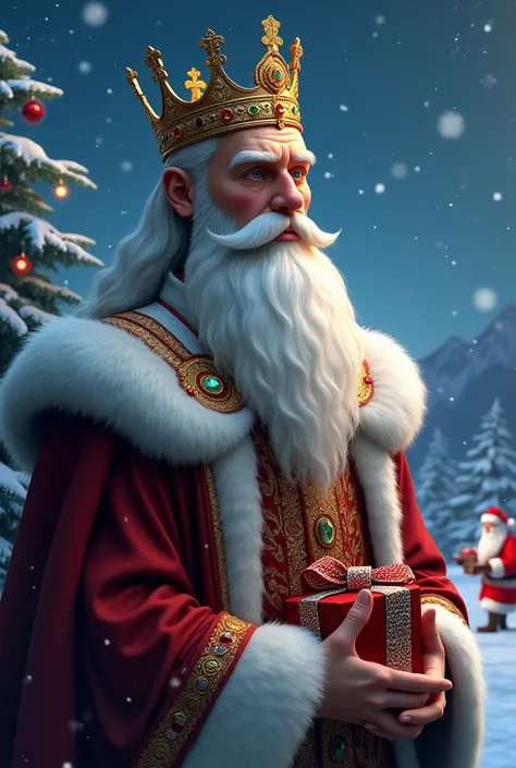 White-bearded king with crown ,  on a Christmas night with a gift from Santa Claus and reindeer 