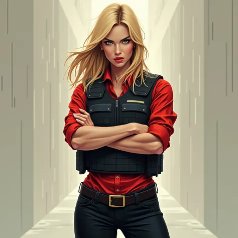 ((Full image)) , Create a beautiful woman with medium-length straight blonde hair, bulletproof vest, red shirt, black pants, high heels, executed in a graphic style ((crossed arms))