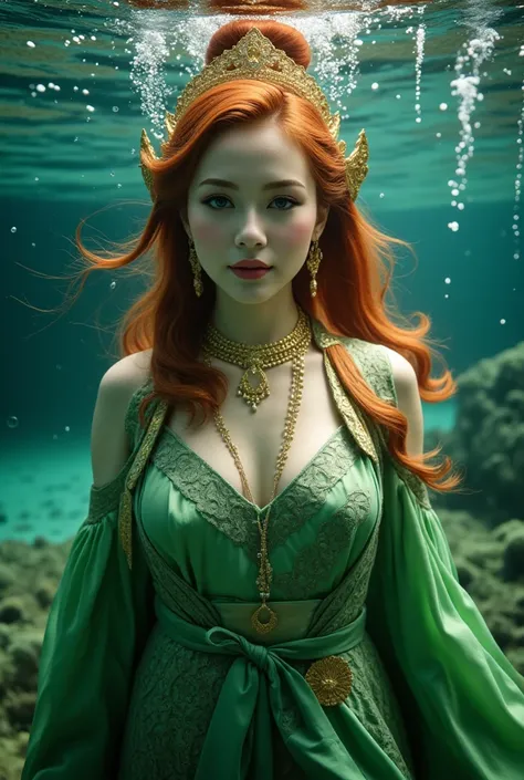 Full body, captivating underwater portrait of a traditional Thai woman with vibrant red hair flowing gracefully in the water, adorned with delicate pearls and shimmering bubbles. She is dressed in a classic Thai outfit in a rich leaf-green tone, featuring ...