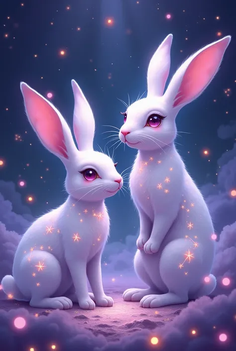 I want two different version of A mystical anime-style rabbit with glowing constellations on its fur, long flowing ears, and surrounded by floating orbs of light and a soft purple galaxy background.