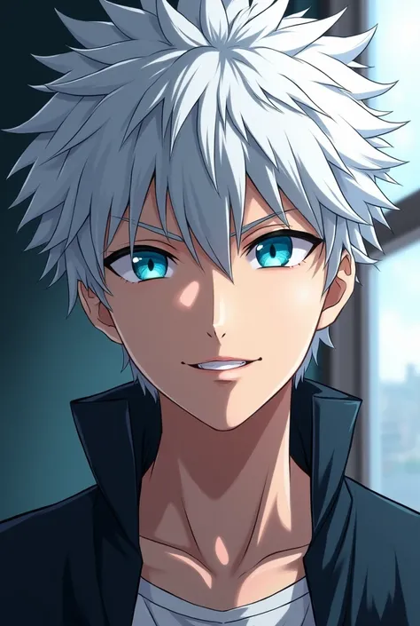 Satoru Goju Blue Eyes,  high definition ,  white hair ,  Smile ,  Background Blur, 