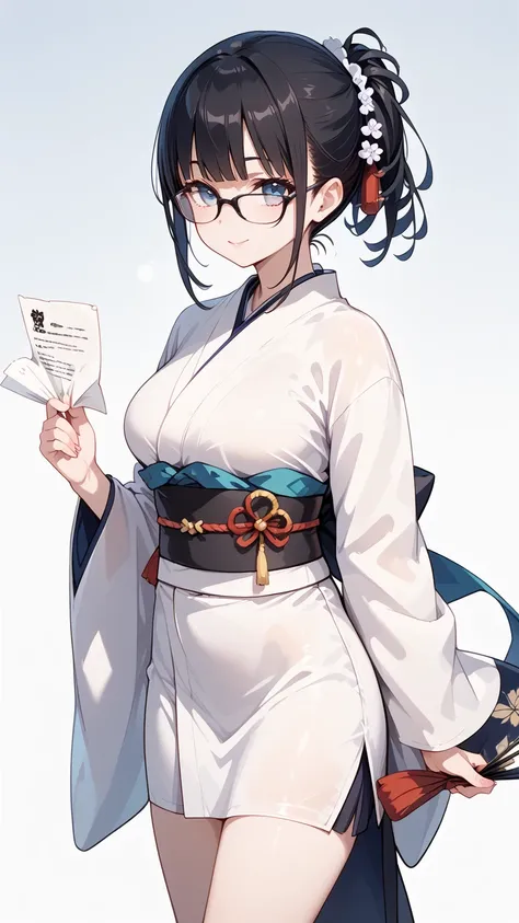 Black hair, glasses, paper making, kimono, sash,