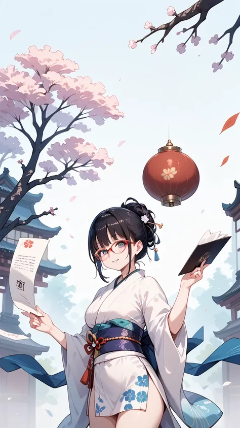 Black hair, glasses, paper making, kimono, sash,