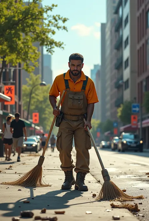 A janitor cleans the street in summer