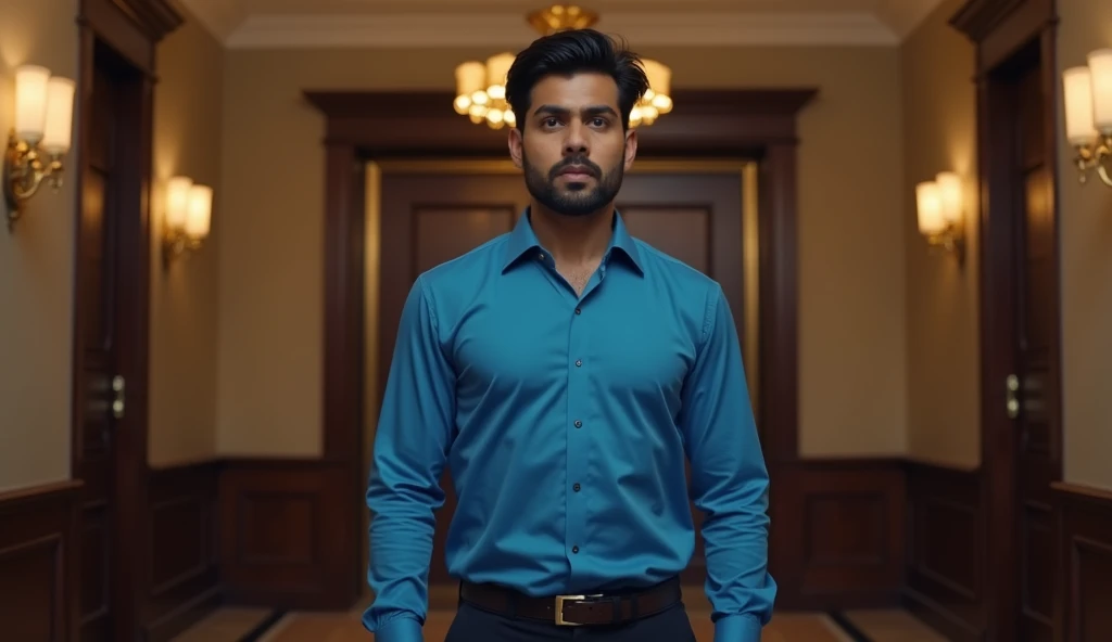 30 year indian young handsome man standing in hotel interior, fear face, shocking, wearing blue shirt and black pant, detailed face, luxury hotel, detailed eyes, cinematic scene, cinematic lighting, ultra realistic, hyper realistic, highly detailed image, ...