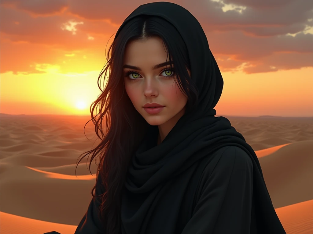  Beautiful woman with green eyes,black hair in the desert with black headscarf sitting , as background sunset