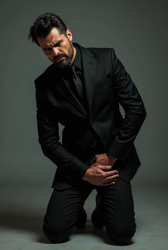 in Toronto，handsome and sexy Italian man. black suit，black tie，Black leather shoes，Black socks. mans crotch testicles hurt a lot，Kneeling on the ground， holding their crotch testicles with two hands，grab the crotch testicles with both hands。