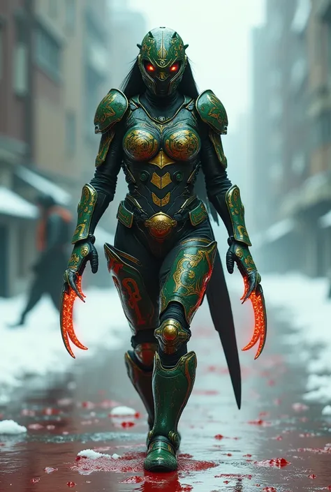 **(( CREATE AN IMAGE OF A CHARACTER WALKING IN A FROZEN CITY PASSING A SEA OF BLOOD  )** Womens Armor Design :
him:  Combines futuristic technological style with turtle patterns and indigenous influences .
 MAIN COLORS : emerald green ( symbolizing life an...