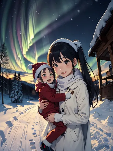   Masterpiece，  top quality，  high image quality，(  super flat ，  Flat Shading )，  fisheye lens:1.4，Beautiful petite trained young mother and 、Her Cute Trained Daughter :1.25，  warm scarf ， Christmas Anime Style Costume ，(naked)，   long hair， Ski，smile, sm...