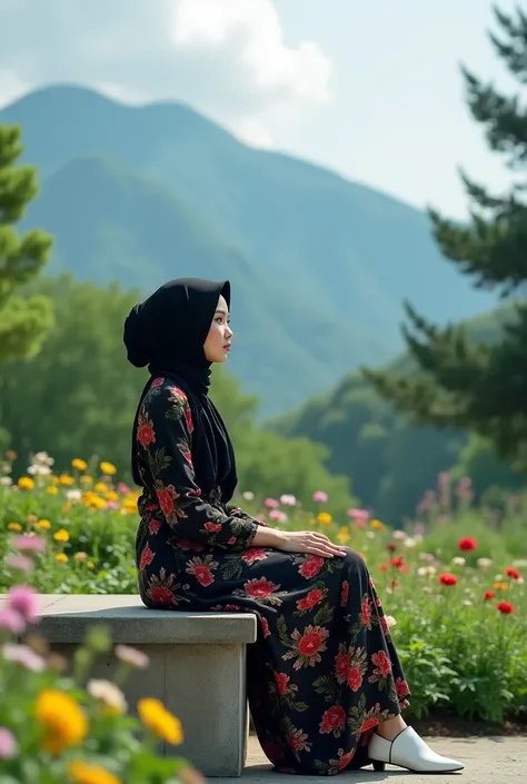 One 35 year old Indonesian beautiful woman wearing hijab, wearing a black dress with a floral pattern, a beautiful face, sitting alone wearing white shoes, background, beautiful garden in Korea, bright and cool cloud mountains, and very realistic, high con...