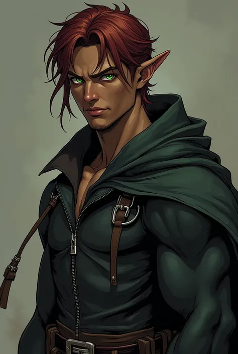  draw dark elves 。 brown skin with long pointed ears。20-year-old male。Please draw a rough but kind face 。 Gorigoris muscle macho 。Reddish brown short hair。 green eyes。Please draw Assassin-like clothes 。 in a two-dimensional anime style。