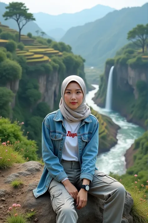 Beautiful Korean girl, smooth white skin, well-groomed face, cream gray hijab, cream gray jeans jacket, white T-shirt with the Mega logo, cargo pants, cool black watch, white shoes, posing sitting on a high mountain, with the background seen from above riv...