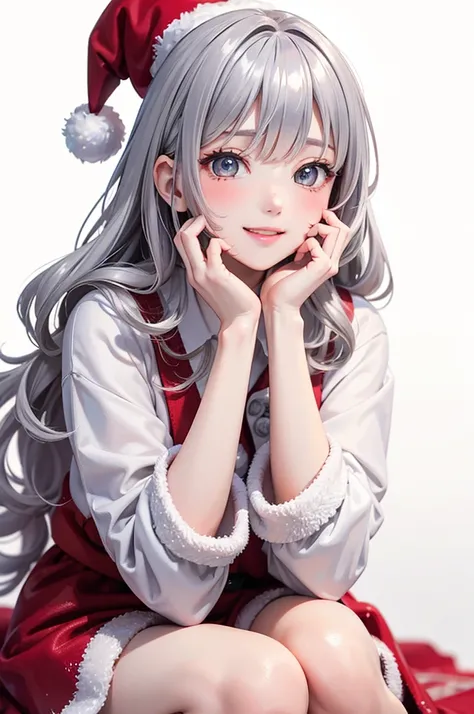  Best Quality , high definition ,8k, (a pure white background), (no details), (no scenery), (completely blank background),( Masterpiece:1.2), pretty girl,( glossy romance gray hair:1.3),(long hair),messy hair,Beautiful grey eyes,santa costume,santa coat, s...