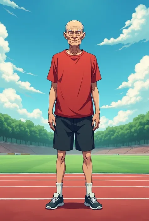 Anime  old skinny male bald red t-shirt black shorts standing on sports field