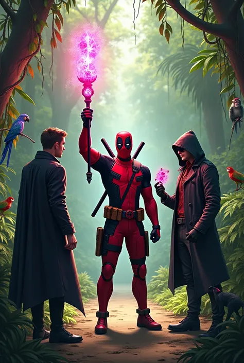 hyper-Realism style, clear details, dappled light and shadow, ultra-realistic, 16K.
Subjects:

1. Deadpool: Holding a glowing magical staff, looking mischievous and confident.


2. Gambit: Holding a charged playing card, with pink kinetic energy crackling ...