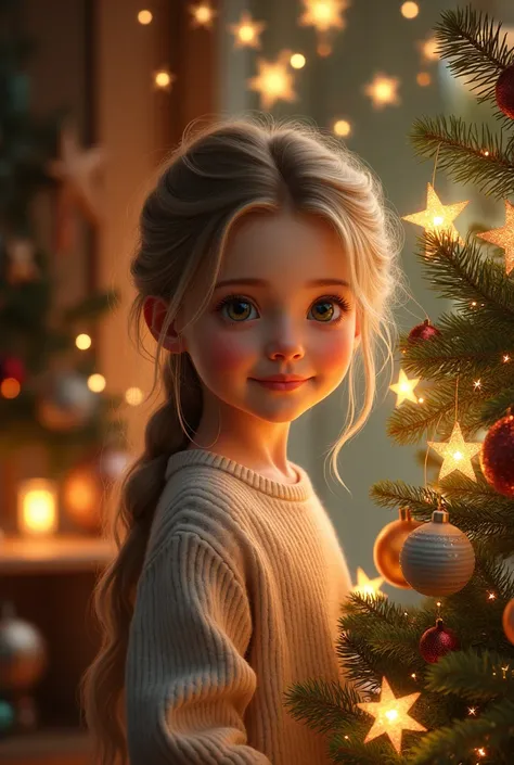 A beautiful girl of Slavic appearance is five years old standing next to a brightly decorated Christmas tree.  The drawing should look like a high-resolution photo. 