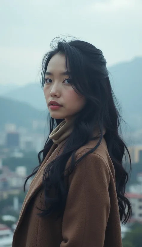 Seorang wanita cantik berwajah Indonesia rambut panjang ikal bergelombang tergerai indah background of mountains clouds Jakarta city background  ,  Winter , Professional, 4k, HD, UHD, 8K,  High detail ,    ultra definition 