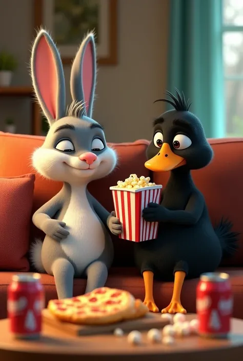 Two animated characters (a gray and white rabbit with big ears and a black duck with an orange beak) are sitting on a sofa, relaxed and tired. Between them is Boyko Borisov, holding a box of popcorn. On the table in front of them are several cans of soda a...