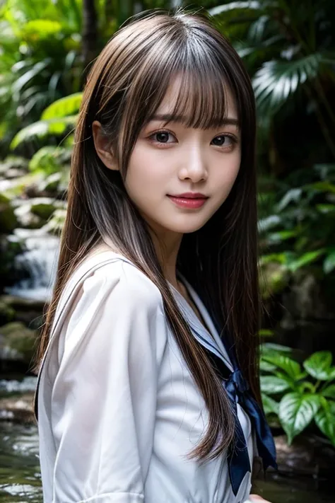  Japanese woman who looks like an idol  , long hair , straight hair , Round face , bust up ,  sailor suit  ,  as pictured  ,  ( super real ) , (Illustration), (  increase resolution ), (8k), ( very detailed), (best Illustration), ( beautiful detailed eyes)...