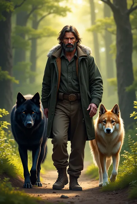 Frontal portrait of a man, walking on a path through the forest, accompanied by a black wolf and a sheepdog