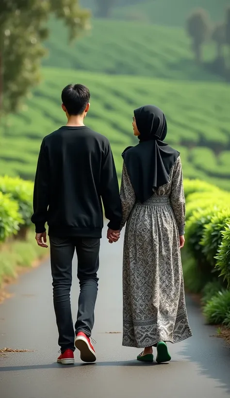 The photos are very realistic. A tall thin man with short short thin black hair, wearing a black sweater, wearing black jeans, wearing red sneakers is walking hand in hand with a beautiful adult girl wearing a long black hijab smiling, wearing a long dress...