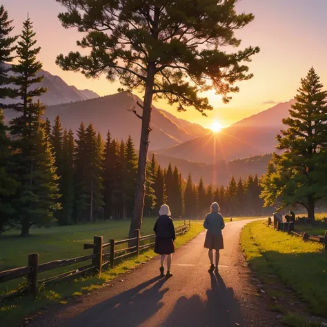 rural area, sunset, trees, mountains, animals, and old people walking, landscape
