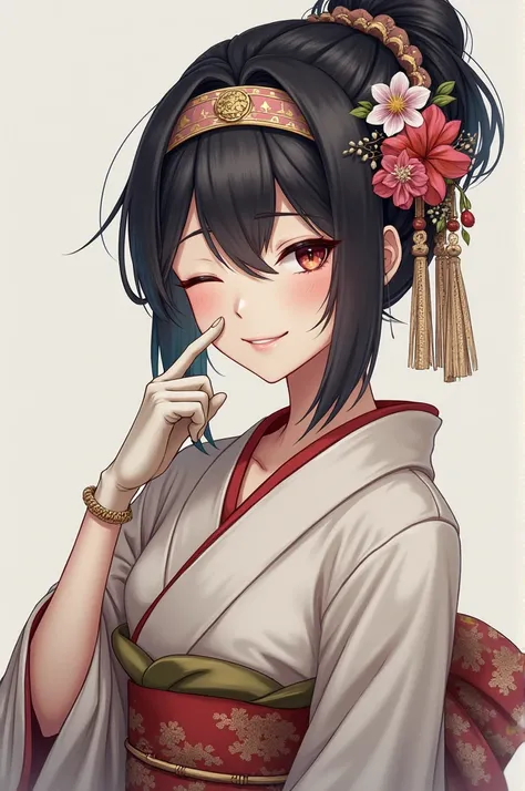 tsukimio, headband, kimono, obi, gloves, finger to face, smile, one one eye closed, upper upper body, head tilt 