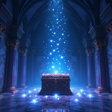 A mystical treasure chamber, anime style, filled with floating jewels like stars, a large ornate chest in the center, glowing with soft magical light. Deep blue and purple hues, high vaulted ceiling, reflective marble floor, intricate details, dreamy ether...