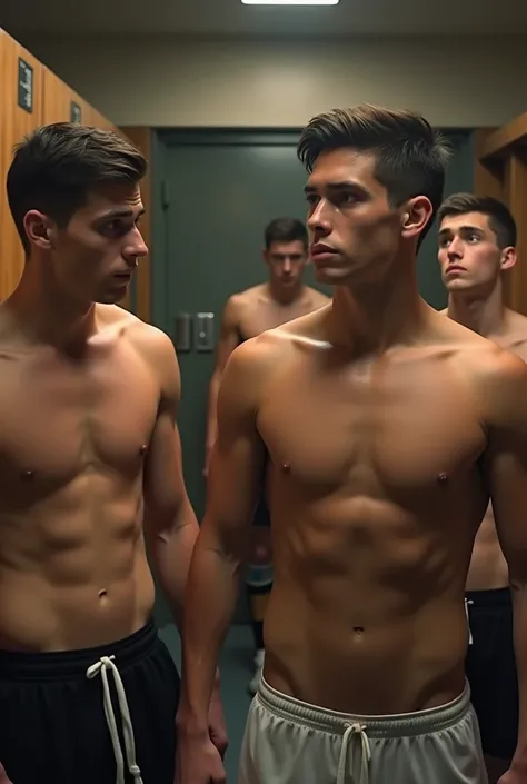 16-year-old male soccer players shirtless in changing rooms