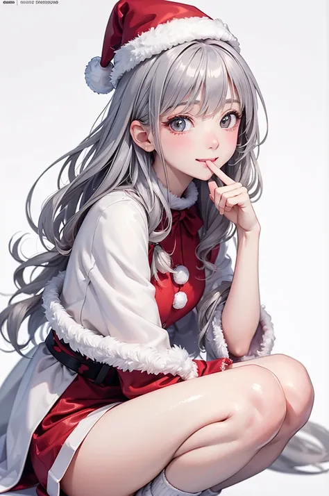  Best Quality , high definition ,8k, (a pure white background), (no details), (no scenery), (completely blank background),( Masterpiece:1.2), pretty girl,( glossy romance gray hair:1.3),(long hair),messy hair,Beautiful grey eyes,santa costume,santa coat, s...