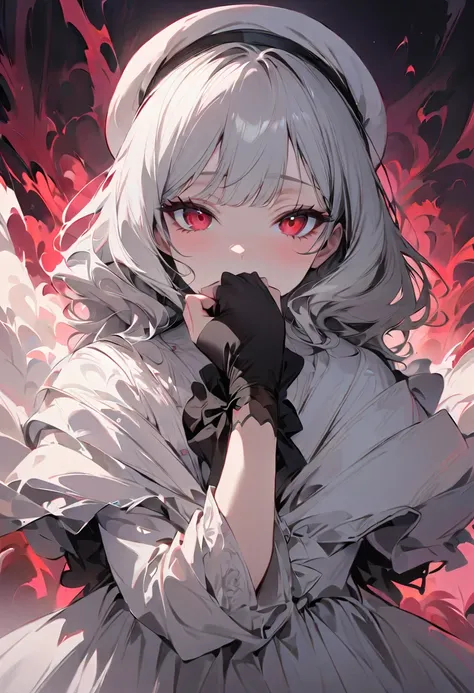 ( top quality , masterpiece), (, Alone, White dress , skirt, Half stocking ,  beret , Permanent ,  Keep your mouth shut , White hair,  red eyes,  looking at the audience with roses )