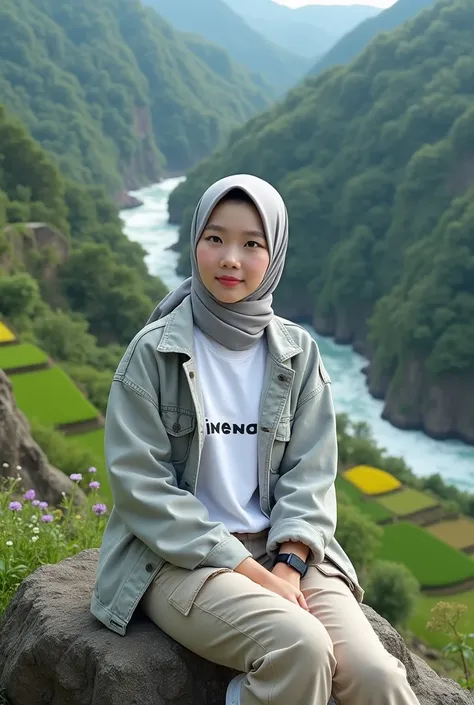 Beautiful Korean girl, smooth white skin, well-groomed face, cream gray hijab, cream gray jeans jacket, white T-shirt with the Inneu logo, cargo pants, cool black watch, white shoes, posing sitting on a high mountain, with the background seen from above ri...