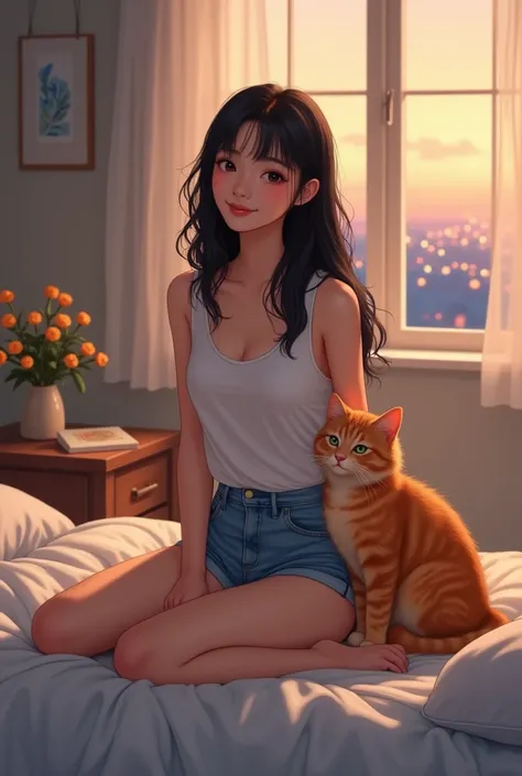 Create a detailed illustration of a young, beautiful Asian woman in her early twenties, with long, silky black hair. She is wearing a white small strap tank top and short denim shorts, sitting cross-legged on a cozy, modern bed in a softly lit bedroom. The...