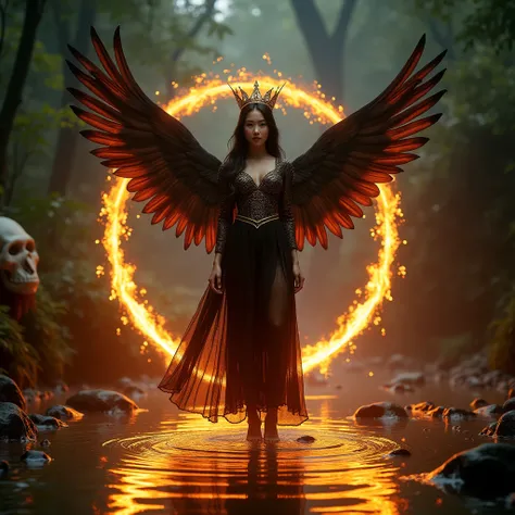  fullbody highlights Beautiful Korean woman wearing a shiny dress of black color with wings Flame on fire, crown,  standing on the water under the feet circle of sparks lit writing  "QUEEN FIRE  " background Jungle forest there is a statue of an ape and a ...