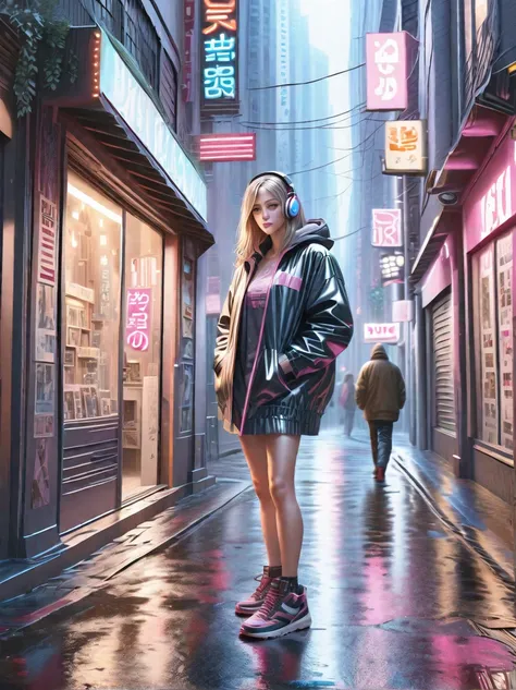 a beautiful young woman in a detailed hoodie and headphones, walking alone on a rainy neon-lit street outdoors, (best quality,4k,8k,highres,masterpiece:1.2),ultra-detailed,(realistic,photorealistic,photo-realistic:1.37),1girl,detailed face,detailed eyes,de...