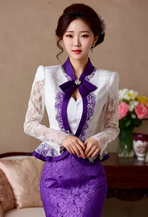 A Korean man in ladies vintage suit dress, big breast like a woman, slender female body, His hairstyle is short and manly, white purple, Rich lace and frills, long sleeves, cropped jacket, round neck jacket, China collar jacket, mermaid skirt