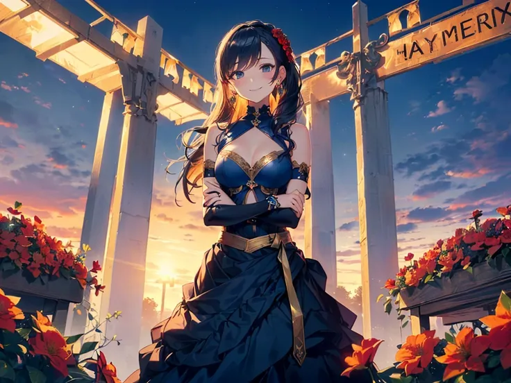 3D Artwork, Solo Girl, 1 Girl, ((Hair tied in a big blue ribbon))), (((Long curly black hair))), ((Lots of hair accessories))), (((Teardrop earrings))), (((Dark blue A-line high neck tiered skirt dress, outfit covering neck to chest, gold chain around wais...