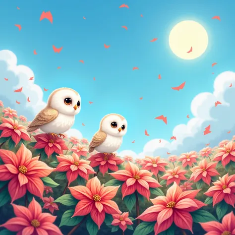  bright blue sky spreading out near that flower 、 colorful poinsettia flowers are blooming in full bloom 。There is a 、 there is a little white owl 、 they look around with a cute expression 。 around the little owl 、 with fellow owls 、 it looks like everyone...