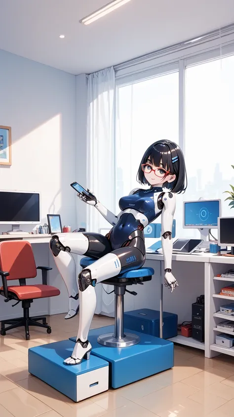 Black hair, glasses, robot model, assembling a model indoors