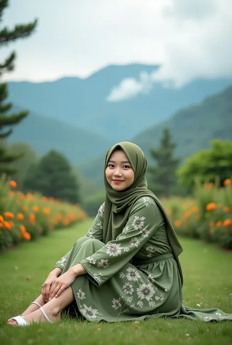 One 35 year old Indonesian beautiful woman wearing hijab, wearing a olive green dress with a floral pattern, a beautiful face, sitting alone wearing white sandals, she is smiling at camera,background, beautiful garden in Korea, bright and cool cloud mounta...